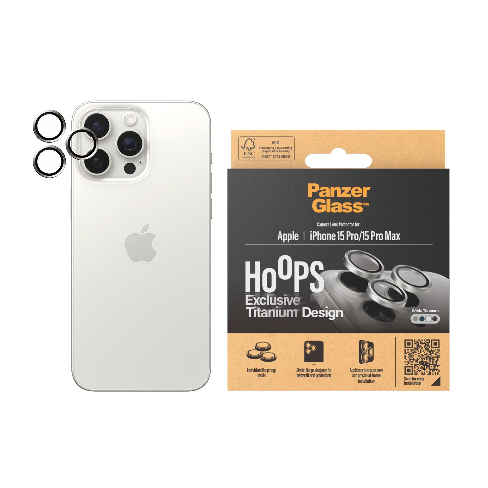PanzerGlass® Hoops® Titanium Kameralinsebeskytter Hvid iPhone 15 Pro | 15 Pro Max
